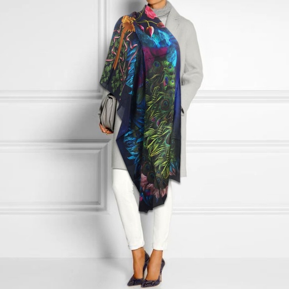 Peacock Feathers, Pink Rose & Wings Long Pure Silk Scarf - Picture 4 of 17